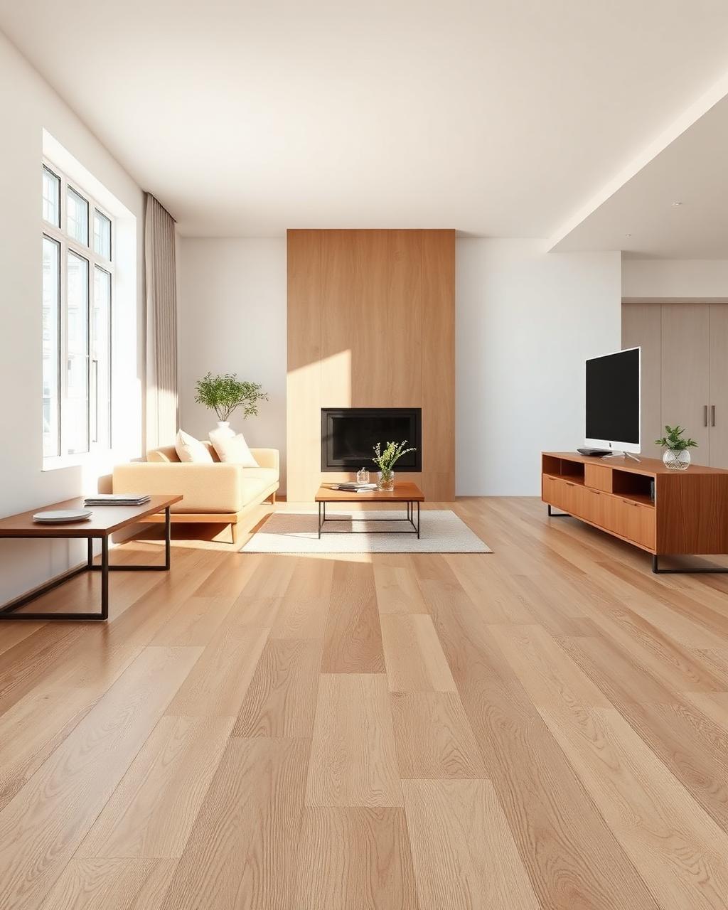 Craftsmanship: modern remodeled living room with wide plank flooring